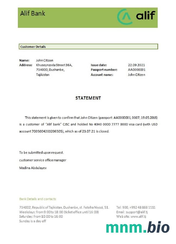 Przykład odniesienia do zamknięcia Banku w Tadżykistanie Alif w formatach Word i PDF